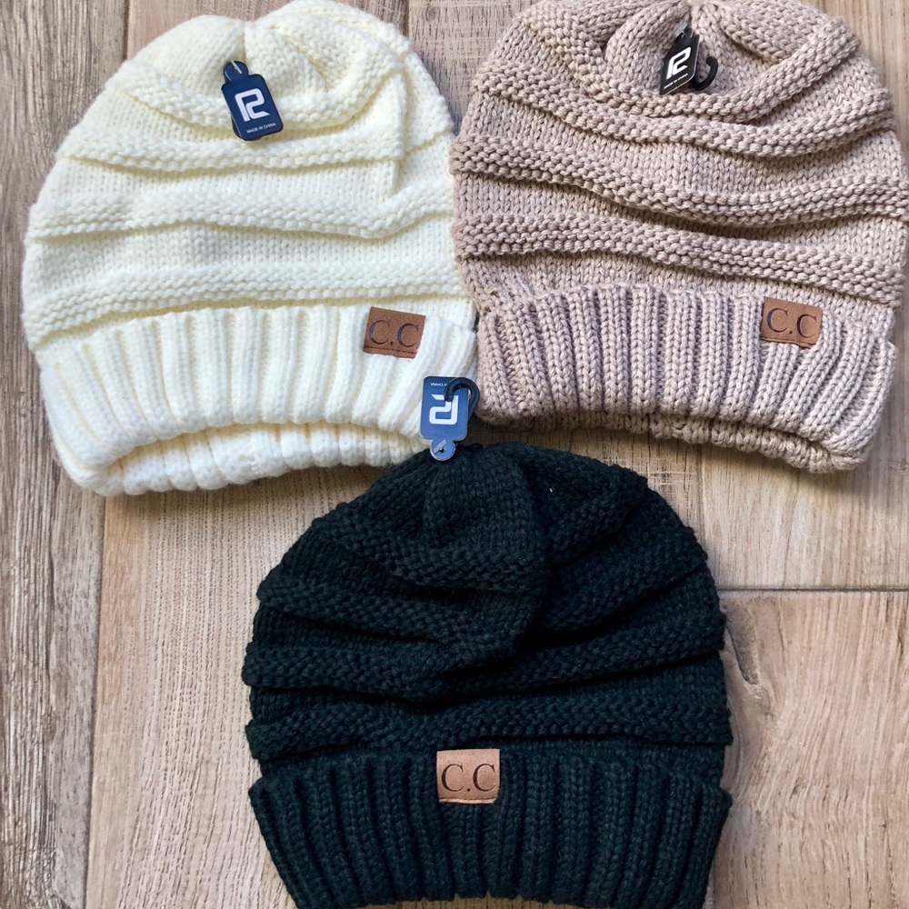 CC Beanie hats 3 pack black cream and taupe